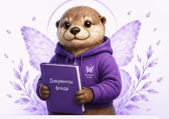 Маскот фонда — выдра в фиолетовой толстовке