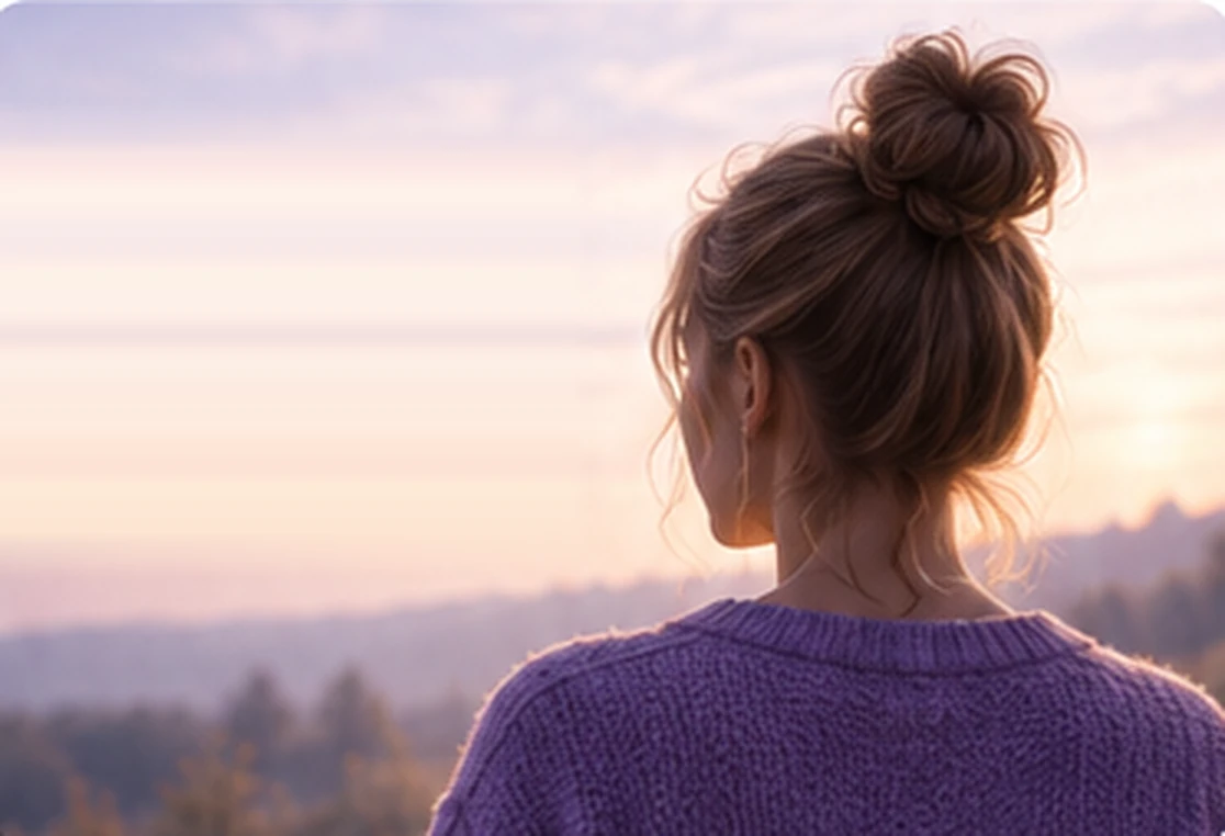 Девушка в сиреневом свитере смотрит на закат